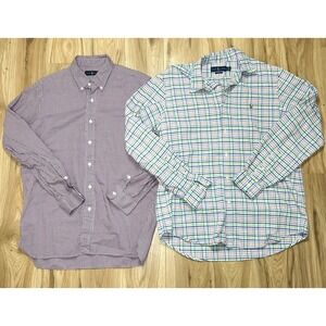 (2) Ralph Lauren Shirt Men's L Plaid Gingham L/S Button Down Preppy Oxford Pony